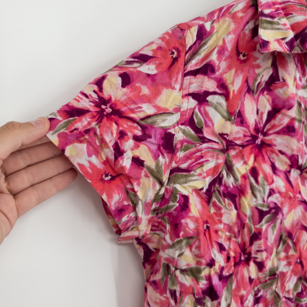 Vintage Y2K Erika Floral Button Down Shirt Womens L Pink 90s Cropped Tropical - Picture 3 of 8